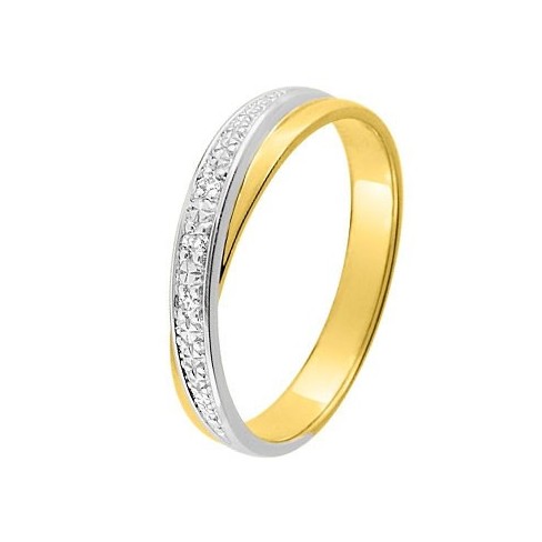 Alliance bicolore deux anneaux Or jaune et Or blanc avec diamants