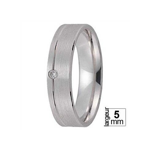 Alliance Or blanc avec diamant sur liseret excentré Alliance Or blanc avec diamant sur liseret excentré