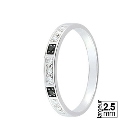 Alliance Or blanc serti grains de diamants blancs et noirs